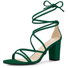 Heel Sandals For Women, Green High Heels, Heels Strappy, Ankle Strap Chunky Heels, Prom Inspo, Chunky Heel Sandals, Quince Ideas, Chic Sandals, Kitten Heel Sandals