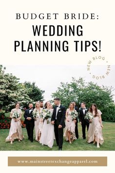 a bride and groom with their bridal party in the background text reads budget bride wedding planning tips