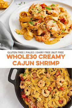 two pictures with the words whole 30 creamy cajun shrimp and pasta in them on top