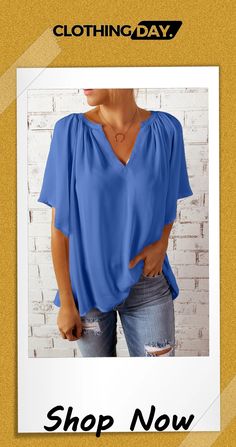 Split Neck Pleated Loose Blouse Flowy Casual Tops With Split Neck, Casual Flowy Tops With Split Neck, Flowy Solid Color V-neck Blouse, Solid Color Flowy V-neck Blouse, Flowy Solid V-neck Blouse, Flowy Split Neck Casual Tops, Flowy V-neck Blouse, Elegant Solid Color Blouse For Vacation, Flowy Solid Color Casual Blouse