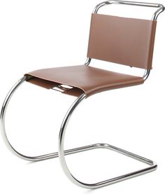 a brown chair with a metal frame and seat on the bottom, in front of a white background