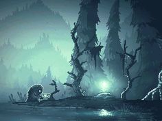 the video game's title screen shows an image of a swampy area with trees and