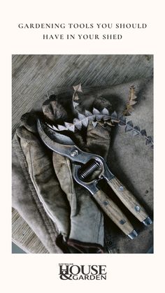 an old pair of scissors sitting on top of a piece of cloth with the words gardening tools you should have in your shed