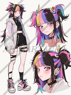 🅰️ℹ️ steals from artists, use the designs and make them your own Female Hero Outfit Design, Rainbow Hair Character Design, Female Hair Drawing Reference, Edgy Character Design, Sci Fi Oc, Cyberpunk Oc Art, Lightning Character, Cyberpunk Hair, Avatar Outfits