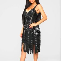 Beautiful, Fringe Dress With Metal Beading, And White Underlay. Perfect For An Edgy, Fun Night Out!! Never Been Worn Black Embellished Midi Dress For Date Night, Glamorous Black Mini Dress With Fringe, Black Mini Dress With Rhinestone Fringe For Club, Black Embellished Beach Dress, Chic Black Mini Dress With Rhinestone Fringe, Black Fringe Dress For Club, Black Fringe Club Dress, Black Summer Dress With Beaded Fringe, Black Beaded Fringe Dress For Summer