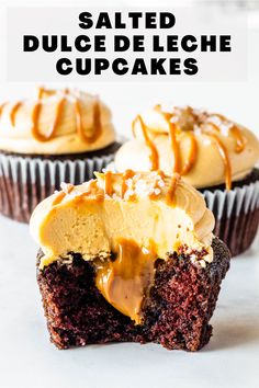 chocolate cupcakes with peanut butter frosting and caramel drizzle on top