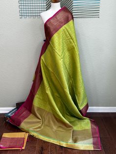 ❥ Mangalagiri silk saree (Comes with unstitched blouse piece) ❥ Dry Wash Only ;  ❀❀ Return / Exchange Policy :  ※ No Return/ No Exchange / No Cancellation! ※We need proof of video while package is opening for considering any case of missing or damaged products ;  ※ We can not accept any returns , if video at the time of package opening is not provided by the client . ღ ღ Please be courteous and don't ask for negotiation on prices ! We define prices based on material & efforts involved to deliver Green Dola Silk Saree For Puja, Green Handloom Dola Silk Saree, Fitted Green Saree For Puja, Fitted Tussar Silk Saree For Festivals, Green Embroidered Saree For Puja, Fitted Handloom Saree For Festivals, Fitted Paithani Silk Saree, Pattu Sari, Royal Blue Saree