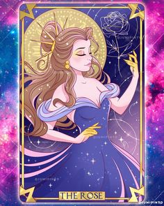 the rose tarot card from disney's sleeping beauty, with stars in the background