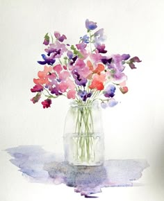 a watercolor painting of flowers in a vase