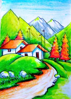 a drawing of a house in the middle of a field with trees and mountains behind it