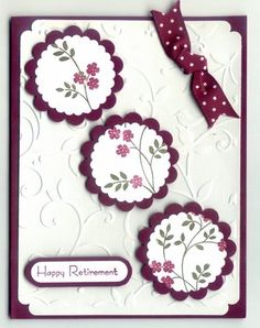 a card with some flowers on it and a ribbon around the edge that says happy retirement