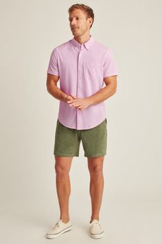 Knit Oxford Short Sleeve Shirt | Bonobos Cotton Stretch Shirt For Spring, Spring Stretch Cotton Shirt, Casual Stretch Shirt For Everyday, Stretch Cotton Pink Shirt, Pink Stretch Cotton Shirt, Preppy Relaxed Fit Cotton Tops, Pink Casual Shirt For Business Casual, Fitted Cotton Preppy Shirt, Preppy Cotton Fitted Shirt