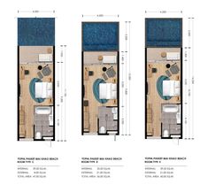 the floor plan for an apartment with two beds and one bathroom, which is divided into three separate sections