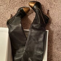 Like New!! Smallest Tears That Isn’t Noticeable On. Luxury Black Knee-high Boots, Luxury Knee-high Boots With Leather Lining For Evening, Luxury Leather-lined Knee-high Boots For Evening, Luxury Knee-high Boots With Leather Sole For Evening, Designer Leather Knee-high Boots For Night Out, Thigh High Black Boots, Versace Leather, Versace Shoes, Thigh High