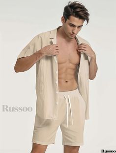 Russoo - Cotton and Linen Blend Mens 2-Piece Ensemble: Short Sleeve Shirt with Coordinating Beach Shorts Beige Cotton Sets For The Beach, Beige Cotton Beach Set, Solid Color Summer Sets With Relaxed Fit, Solid Color Relaxed Fit Sets For Beach, Relaxed Fit Short Tops For Beach, Casual Solid Color Sets For Vacation, Casual Short Sleeve Sets For Summer, Casual Solid Color Vacation Sets, Solid Color Short Summer Set