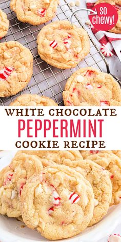 white chocolate peppermin cookies on a cooling rack with candy canes in the background