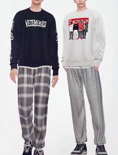 two young men standing next to each other wearing sweatpants and sweatshirts with the same graphic on them