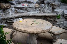 a stone bench with a cup on it and some flowers in the corner next to it