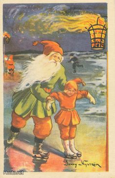 Vintage Swedish Christmas Card ~ Orange Accents Fairy Friends, Woodland Friends, Red Cap, Old Postcards, Christmas Postcard