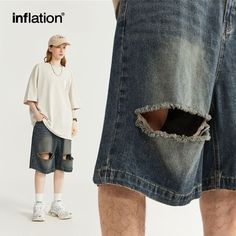 Material: 75% CottonFeatures: Shorts, scratched ripped denim, drawstring waist, solid color, straight-leg, relaxed fit, unisex, couple outfits.Style: Casual, college, streetwear College Streetwear, Fashion Process, Light Blue Pants, Costume Bags, Casual Couture, Ripped Denim Shorts, Vest Shirt, Ripped Denim, Couple Outfits