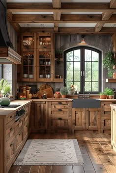 a kitchen with wooden cabinets and an area rug in front of the stove top oven