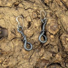 Hand-forged earrings with sterling ear wires. One of a kind, no two pair are identical! Check out our online shop at www.grizzlyiron.com/shop Beautiful Business Card, Steel Earrings, Forged Steel, Damascus Steel, Phoenix Az, Hand Forged, Ear Wires, Favorite Jewelry, Jewelry Earrings Dangle