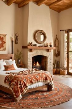 a bedroom with a fireplace and bed in it