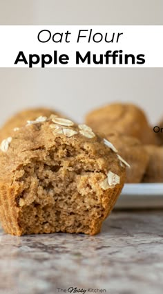 oat flour apple muffins on a plate with the title in the middle