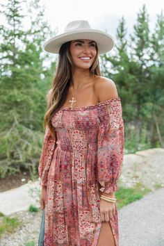 Get your order now: Sounds In My Mind Brick Off The Shoulder Printed Maxi Dress FINAL SALE Unisex Style Eliteteestore Off Shoulder Smocked Dress, Dress With Wedges, Halloween Trends, Short Maxi Dress, Pink Activewear, Red Romper, Dress Stretch, Pink Jumpsuit, Pink Rompers