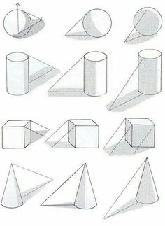 various shapes and lines drawn in pencil on white paper, each with one point at the top