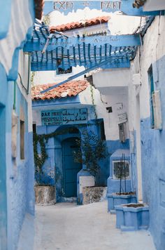 an alley way with blue painted buildings and plants growing on the side of each building