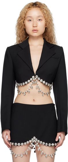 Stretch wool crepe blazer. · Notched lapel · Single post-stud closure · Crystal-cut detailing at cropped hem · Full satin lining Supplier color: Black Beyonce Concert Outfit, Beyonce Concert, Crepe Blazer, Wool Crepe, Black Body, White Crystal, Black Crystals, Second Skin, Concert Outfit