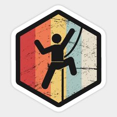 a sticker with a man climbing up the side of a rainbow colored hexagon