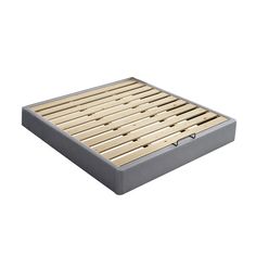 a bed frame with wooden slats on the top and bottom sides, in grey