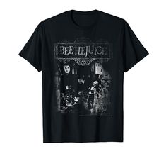 a black t - shirt with the words beetlejuice on it and an image of two