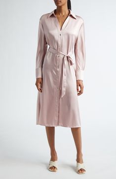 Sleek satin elevates this polished shirtdress that's tethered at the waist with a slender sash. 46 1/2" length (size Medium) Front button closure Spread collar Long sleeves with flared one-button cuffs Removable sash Unlined 100% polyester Dry clean or hand wash, line dry Imported Daytime Dresses, Shirtdress, Sundress, Magnolia, Dress Outfits, Dry Clean, Midi Dress, Hand Wash, Nordstrom