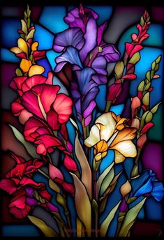 a stained glass window with flowers in it