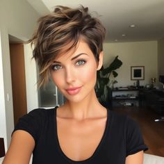 Pixie Haircut Buzzed Sides, Women Short Hairstyles For Round Faces, Dark Brown Hair With Highlights Short Pixie, Short Hair Women 40, Long Pixie Brunette, Pixie Haircut Color Ideas Highlights, Pixie Brunette Hair With Highlights, Short Hair Cuts Brown Hair, Pixie Hairstyles Brunette