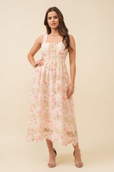 Design: Sleeveless mix lattice lace dress with floral imagery hints Details: Lace-up corset front, edge lace along the hem Length: Midi Fit: True to size, non-stretchy; size up if between sizes Modest Tops, New Arrival Dress, Modest Dresses, Skirt Pants, Sales Gifts, Lattice, Lace Dress, Dress Shop, Lounge Wear