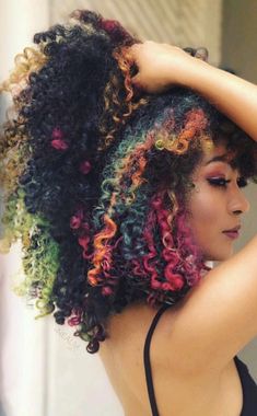 Curly Multicolored Hair, Multi Colored Curly Hair, Colorful Natural Hair, Rainbow Curly Hair, Colored Natural Hair, Looking Down, Colorful Highlights, Dyed Curly Hair, Matted Hair