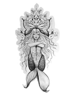 a black and white drawing of a mermaid with her hair blowing in the wind, surrounded by flowers