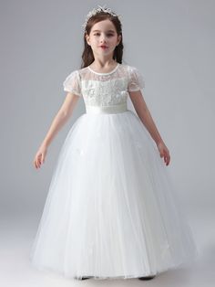 White Jewel Neck Short Sleeves Flowers Embellishment Tulle Lace Kids Social Party Dresses Dresses Tulle, Girls Dresses Online, Flower Sleeve, Kids Party Dresses, White Flower Girl Dresses, Wedding Flower Girl Dresses, Trendy Wedding Dresses, Flower Girl Dresses Tulle