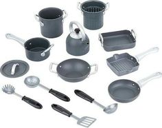 an assortment of cooking utensils and pans