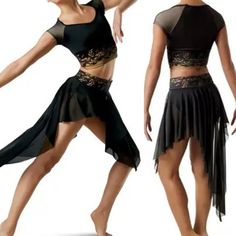 two women in black and gold dance outfits, one is wearing a skirt with an open back