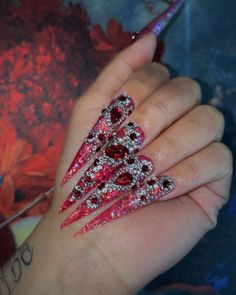 Red Crystal Nails, Jeweled Nails, Nails Baddie, Monster Nails, Deep Red Nails, Cleansing Pads, Nails 2022, Swarovski Nails, Nail Length