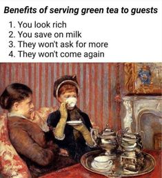 two children sitting at a table with tea cups in front of them and the caption below reads benefits of serving green tea to guests