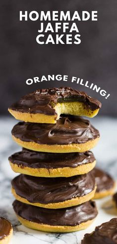 chocolate covered orange filling cookies stacked on top of each other with text overlay reading homemade jaffa cakes