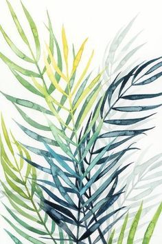 watercolor painting of green and yellow leaves