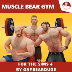 three men with no shirts are standing in front of a barbell and weight machine