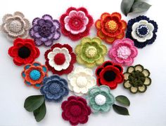 The price is for ONE flower    MADE TO ORDER - ANY COLORS, PIN FASTENER CAN BE ATTACHED - JUST ASK ME    Hand crocheted using multicolored Crochet Brooches, Crochet Flower Applique, Applique Flowers, Stitch Jewelry, Crochet Brooch, Knitted Flowers, Mohair Yarn, Crochet Applique, Flower Applique